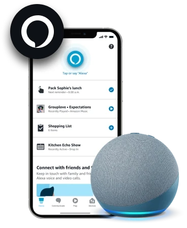 An iPhone showing the Amazon Alexa app beside an Echo Dot