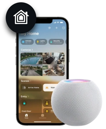An iPhone showing the Apple Home app beside a HomePod mini