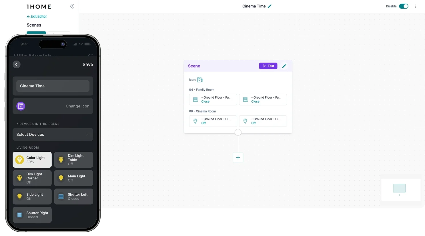 1Home Scenes: a Cinema Time scene set up in the 1Home App and in the 1Home Dashboard