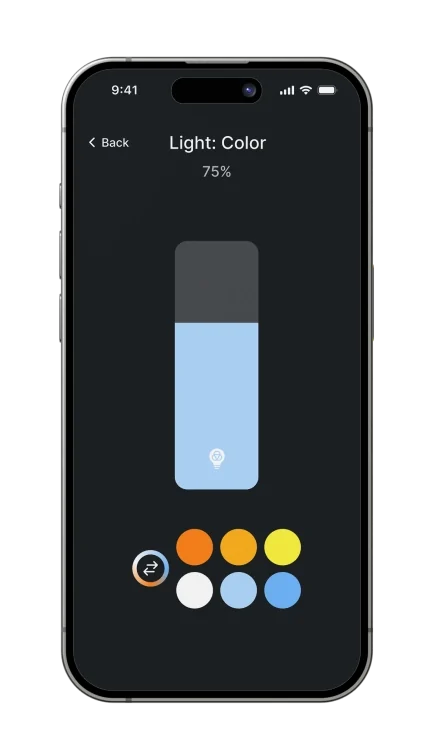 The 1Home App setting a light's brightness and colour