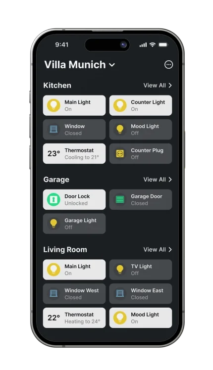 The 1Home App listing devices by room