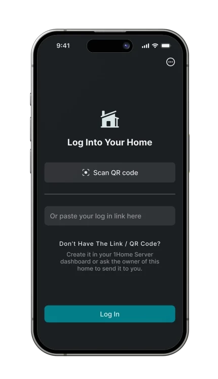 The 1Home App login screen with a Scan QR code button