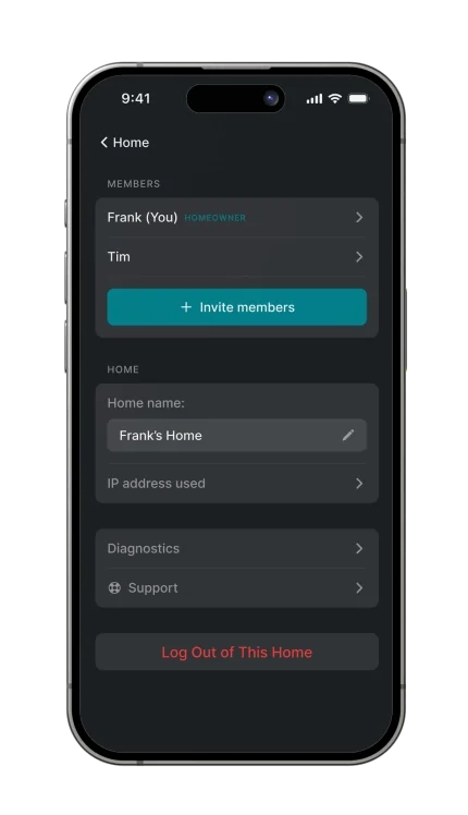 The 1Home App home settings with members and an Invite members button