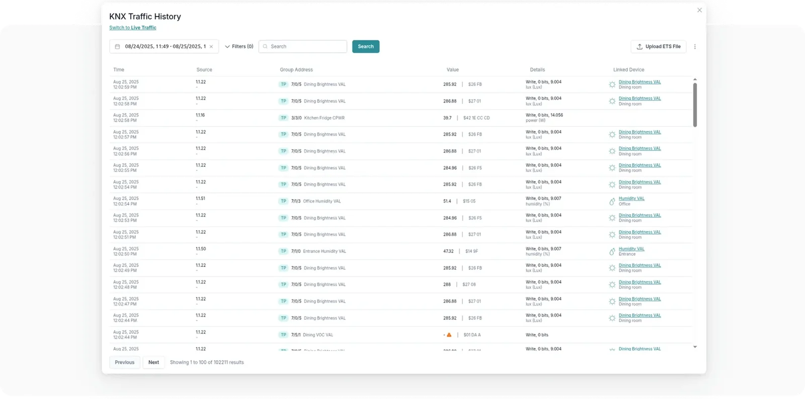 The KNX traffic history in the 1Home Dashboard