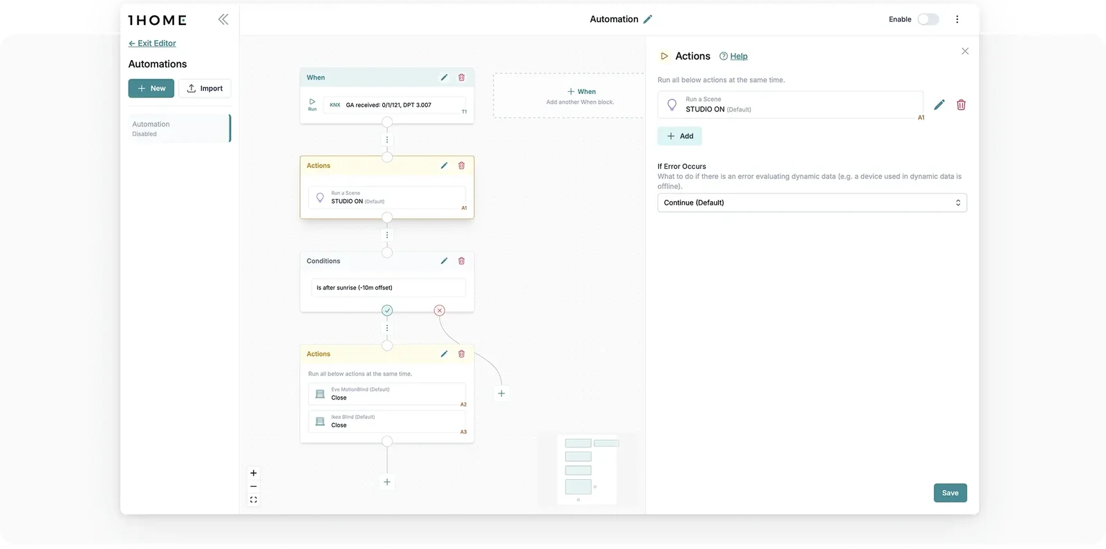 The 1Home Dashboard automation editor with trigger, condition and action blocks