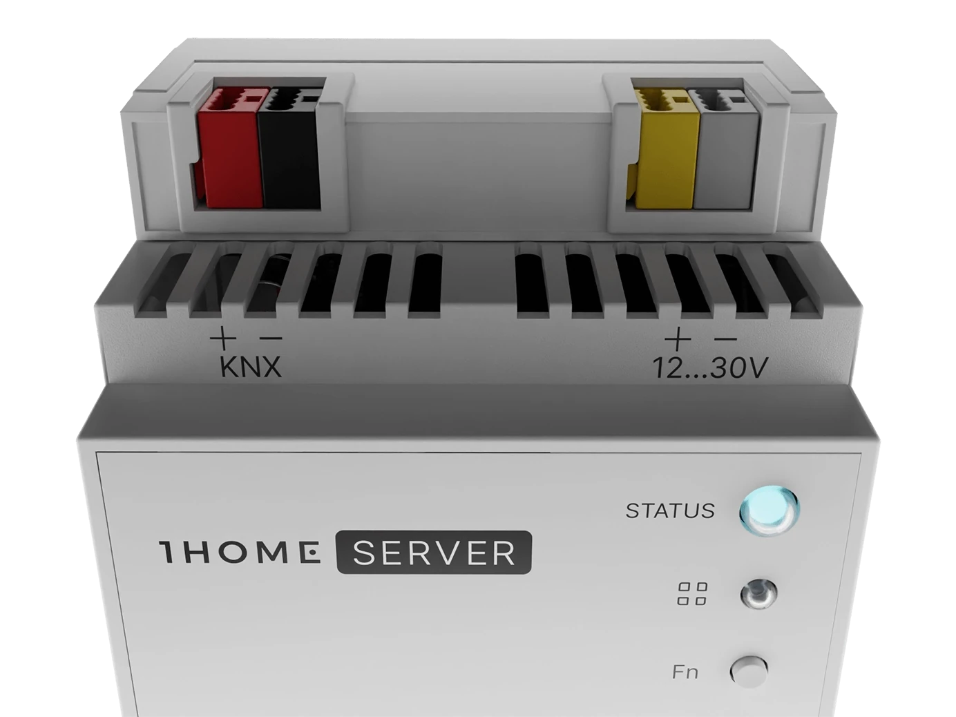 A close-up of the 1Home Server KNX Pro DIN-rail module