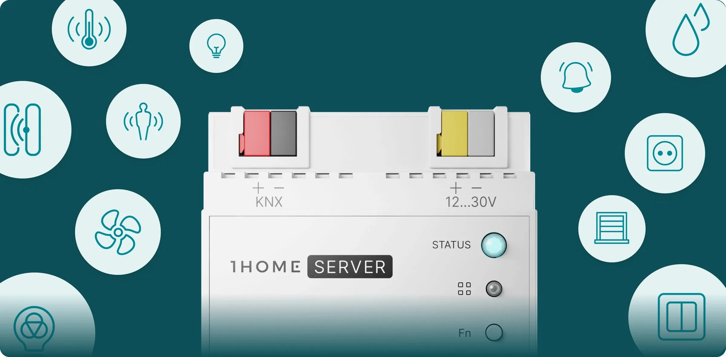 The top of a 1Home Server KNX Pro surrounded by smart-home device icons