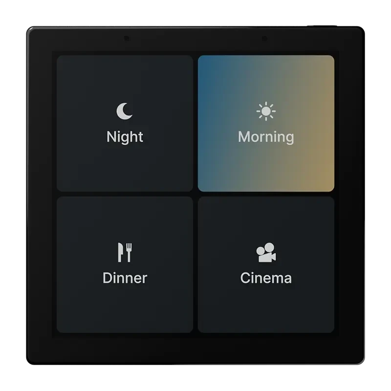 A 1Home Touch panel showing four scene tiles