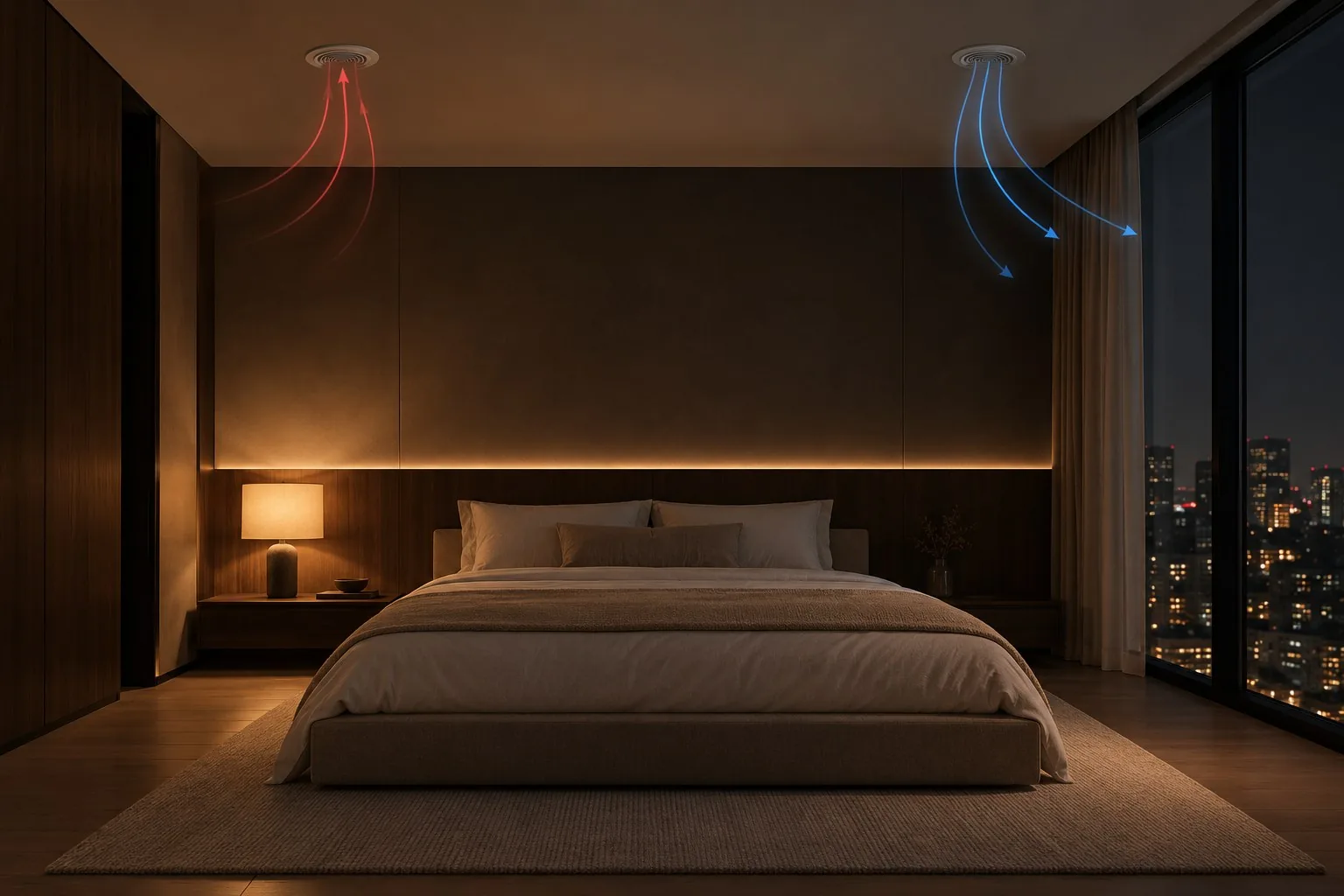 A bedroom at night with two round ceiling air grilles: red lines show air drawn up into one grille and blue lines show air flowing out of the other, with the city lit up beyond the window
