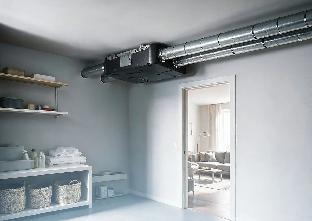 A ceiling-mounted Blauberg HRV unit with ductwork, opening into a bright living room; see-through ducts show fresh air coming in through the wall and stale air going out