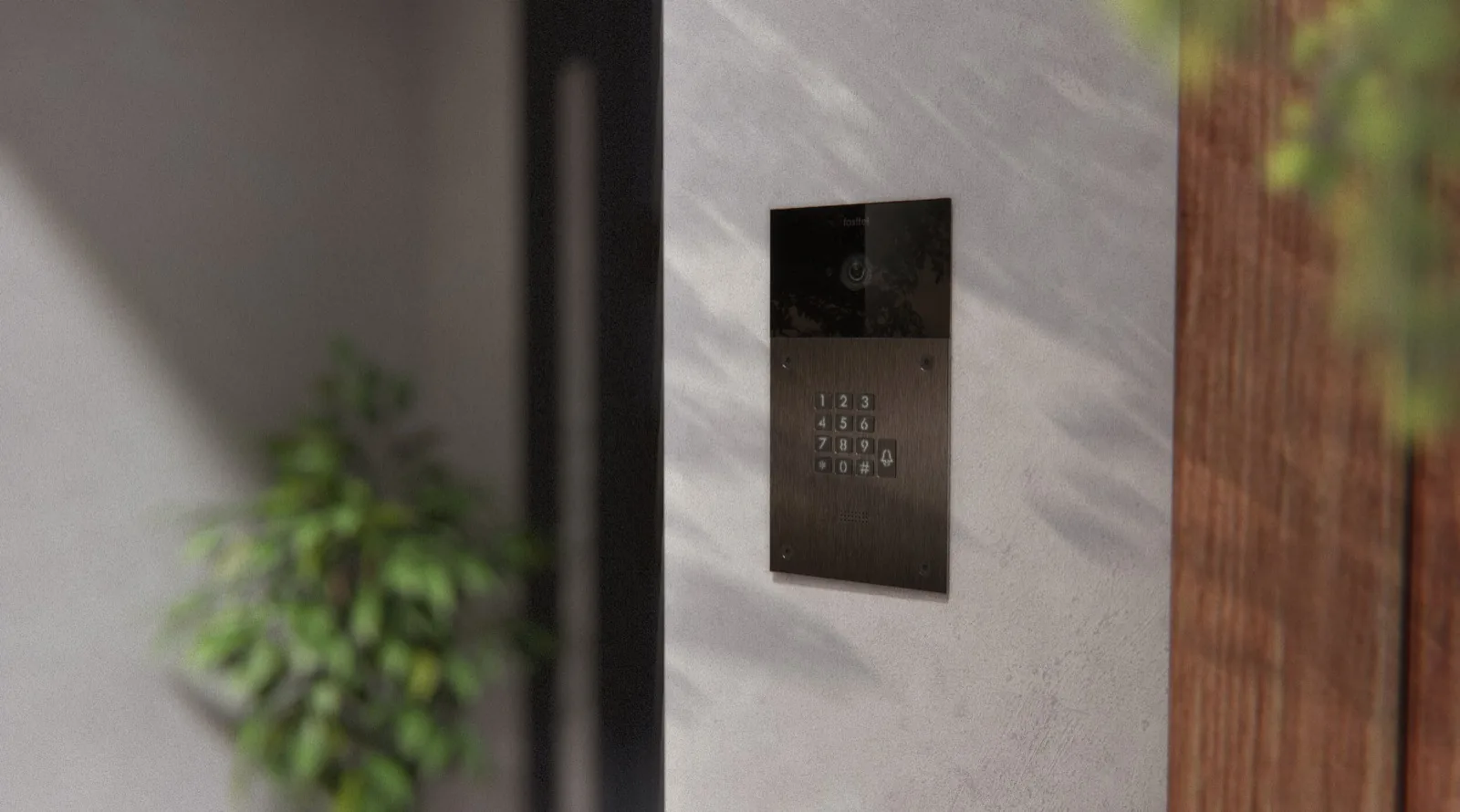 Fasttel video intercom and keypad on an exterior wall beside a wooden door