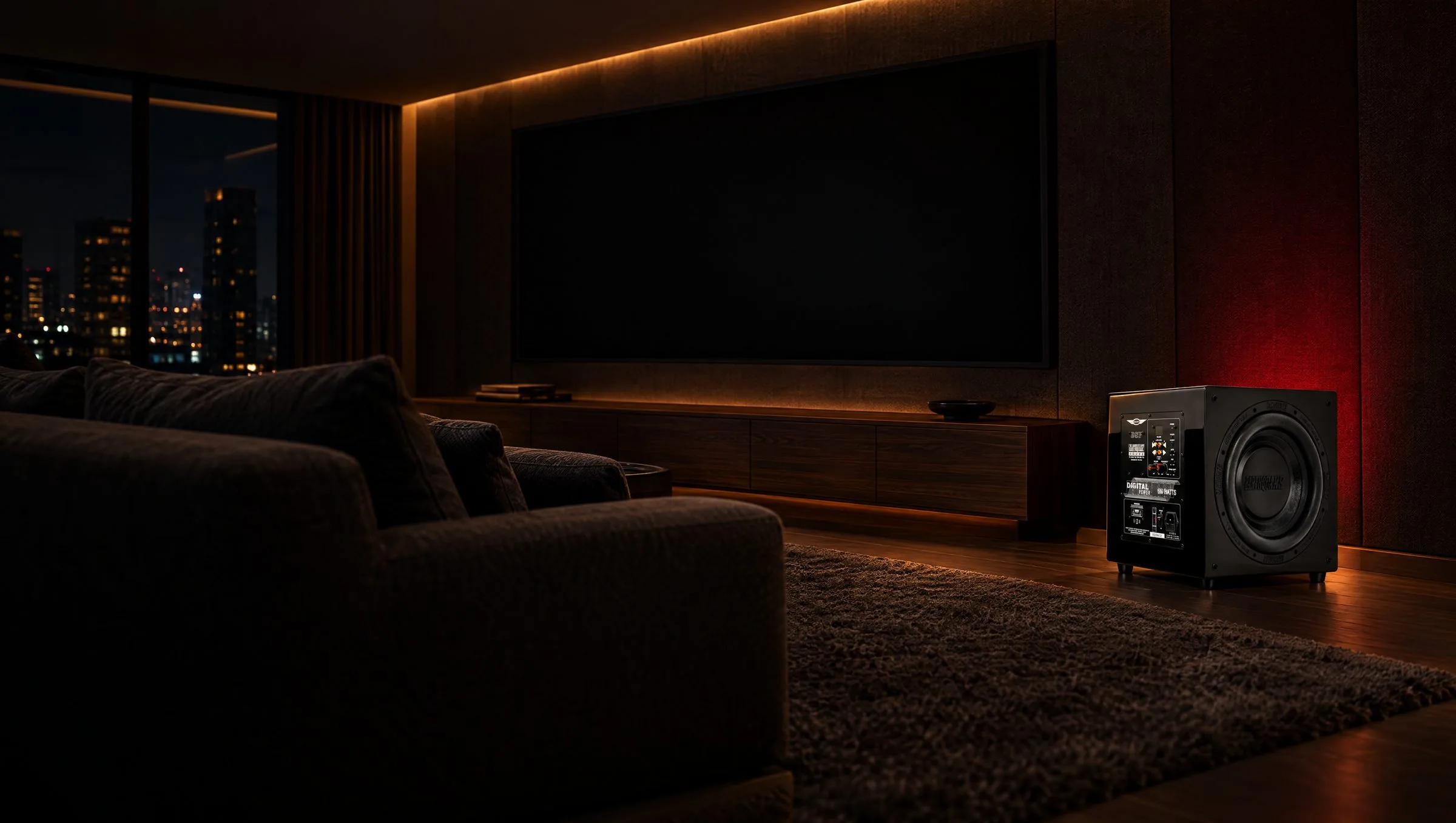 A night view of city towers through a cinema-room window