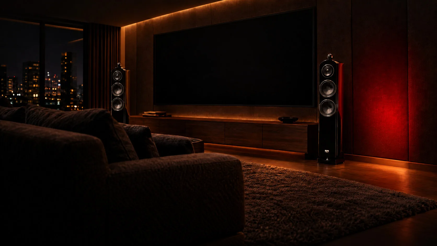 A dark home cinema at night: a pair of black Earthquake Titan Tigris tower speakers either side of a large switched-off screen, with a red-lit wall on the right and city lights through the window