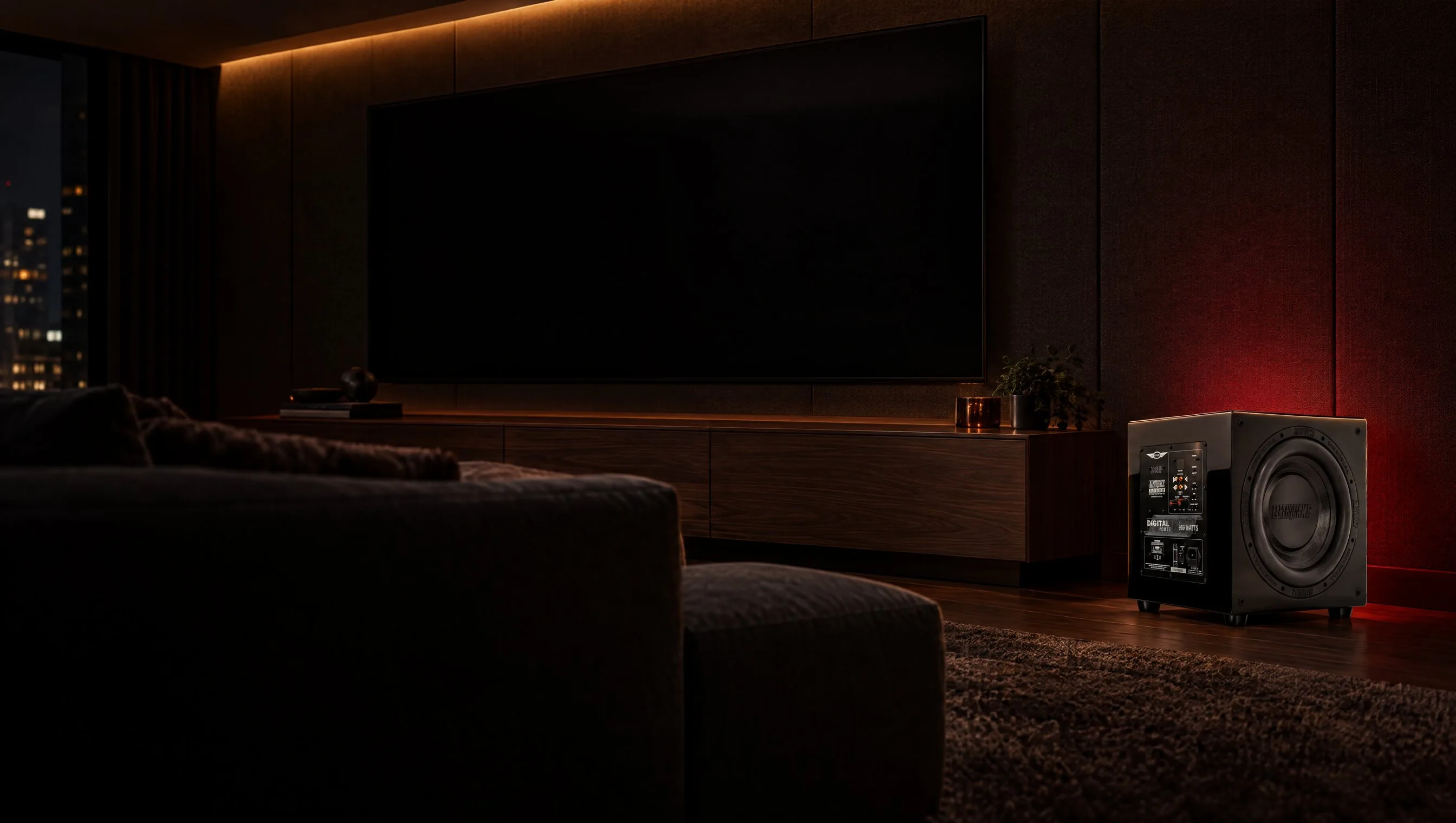 An Earthquake MiniMe subwoofer glowing red beside a walnut media console in a dark cinema room