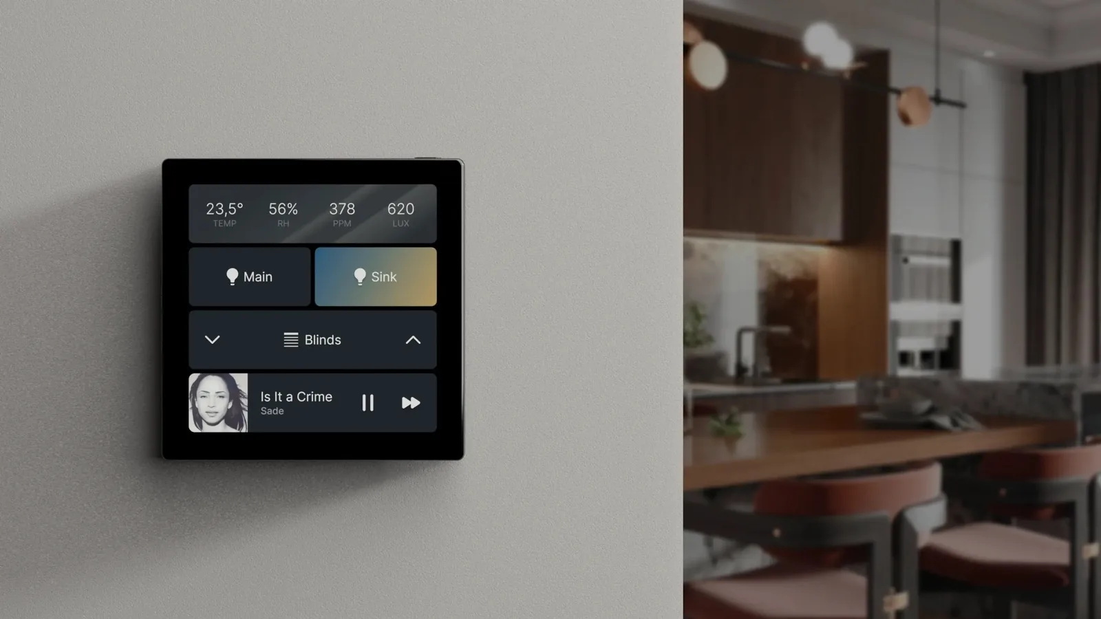 1Home Touch panel on a wall beside a kitchen