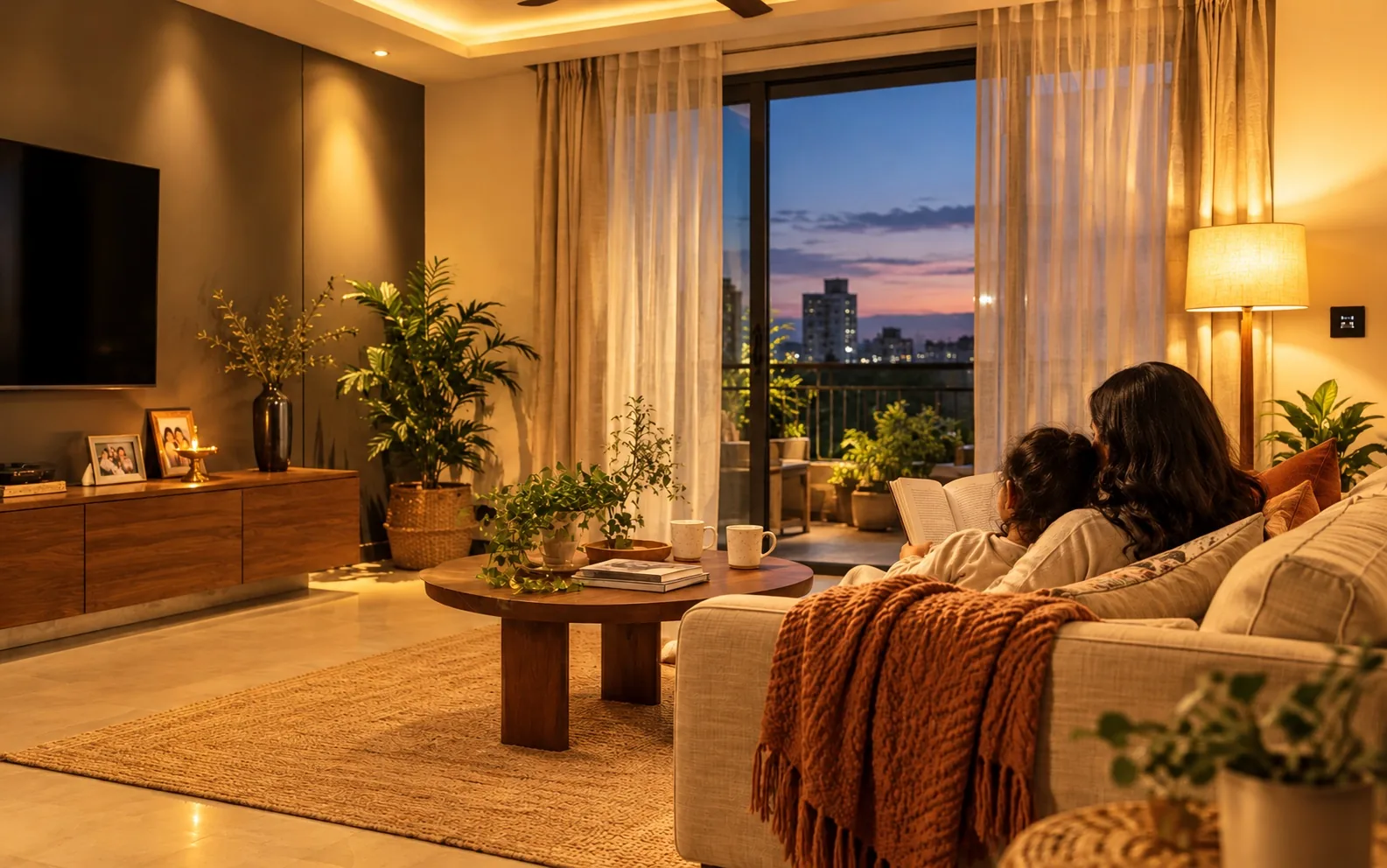 A living room with integrated smart-home lighting and controls