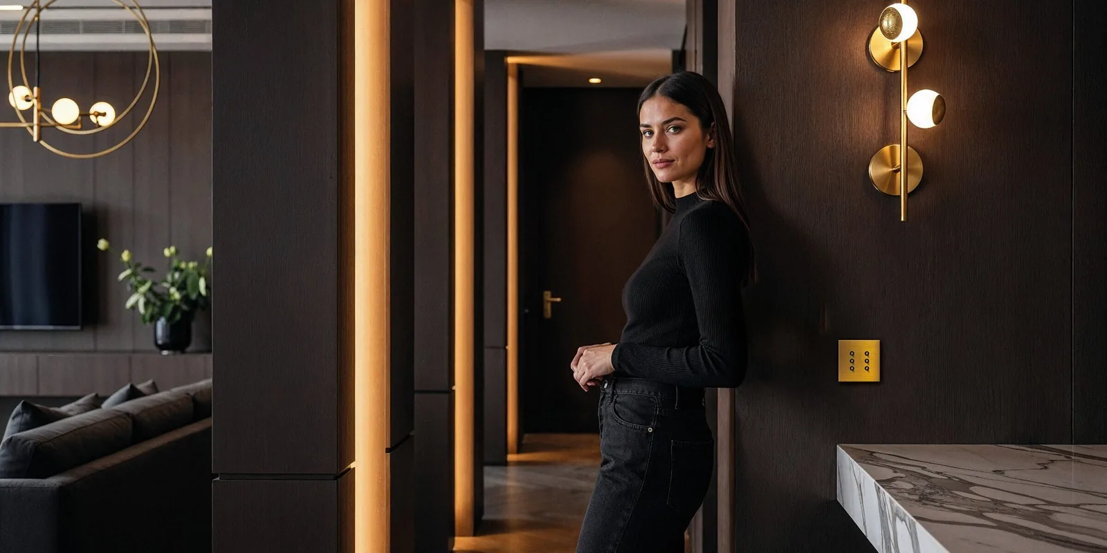 Woman in a dark wood-panelled interior beside a brass Tense Velocity keypad