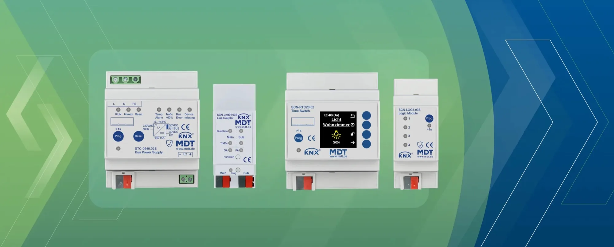 MDT bus power supply, line coupler, time switch and Logic Module