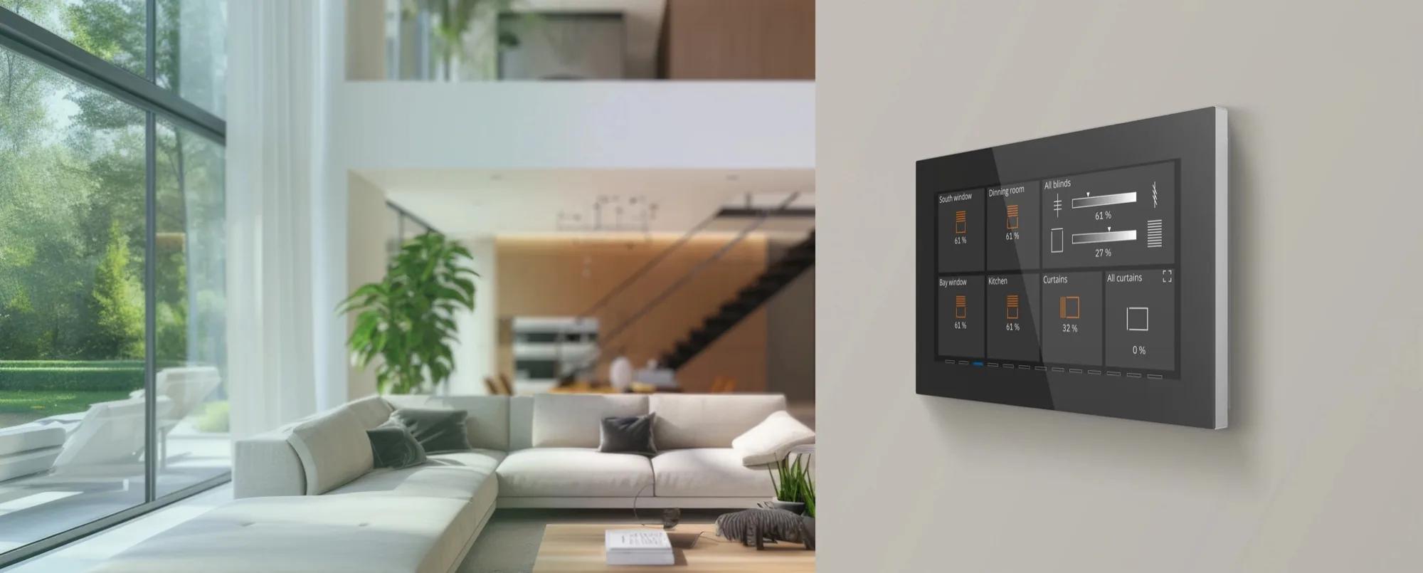 An MDT Glass Touch Smart display beside an open-plan living room