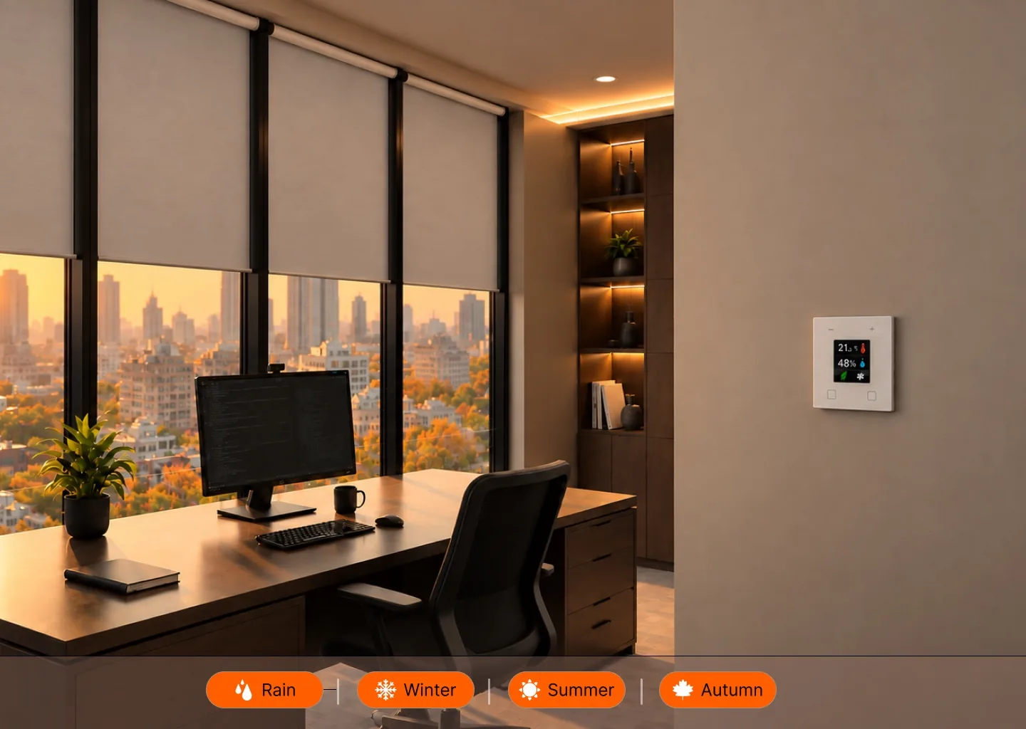 A private office at golden hour, with the room temperature controller on the wall