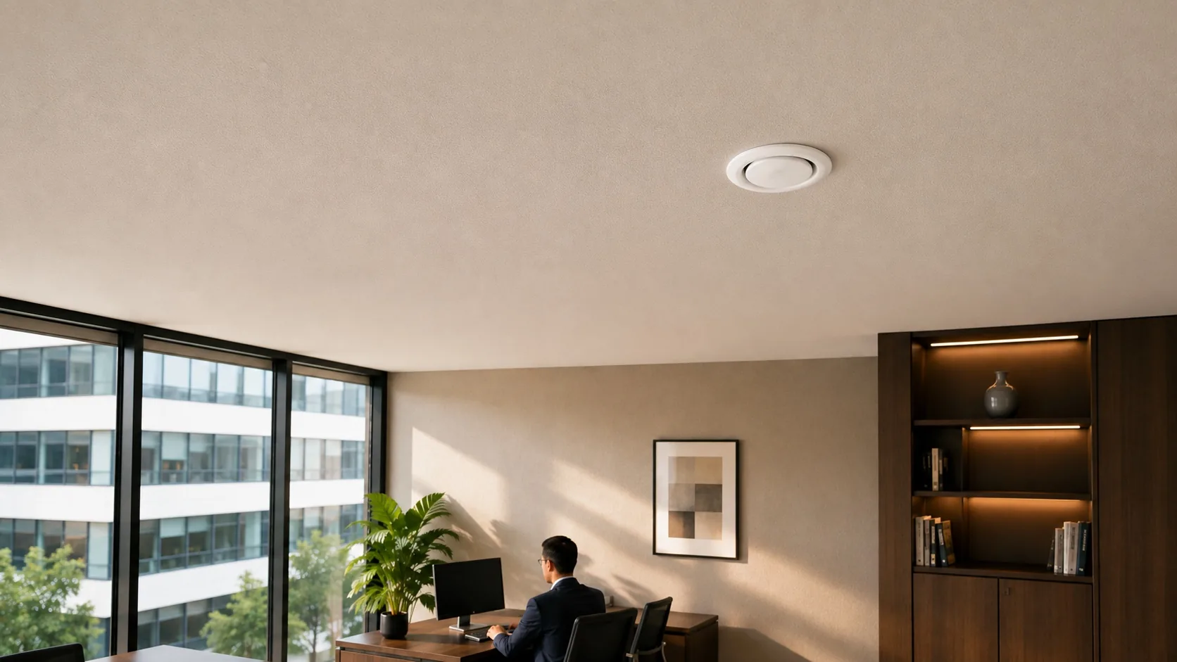An office with a ceiling diffuser, ventilation idle