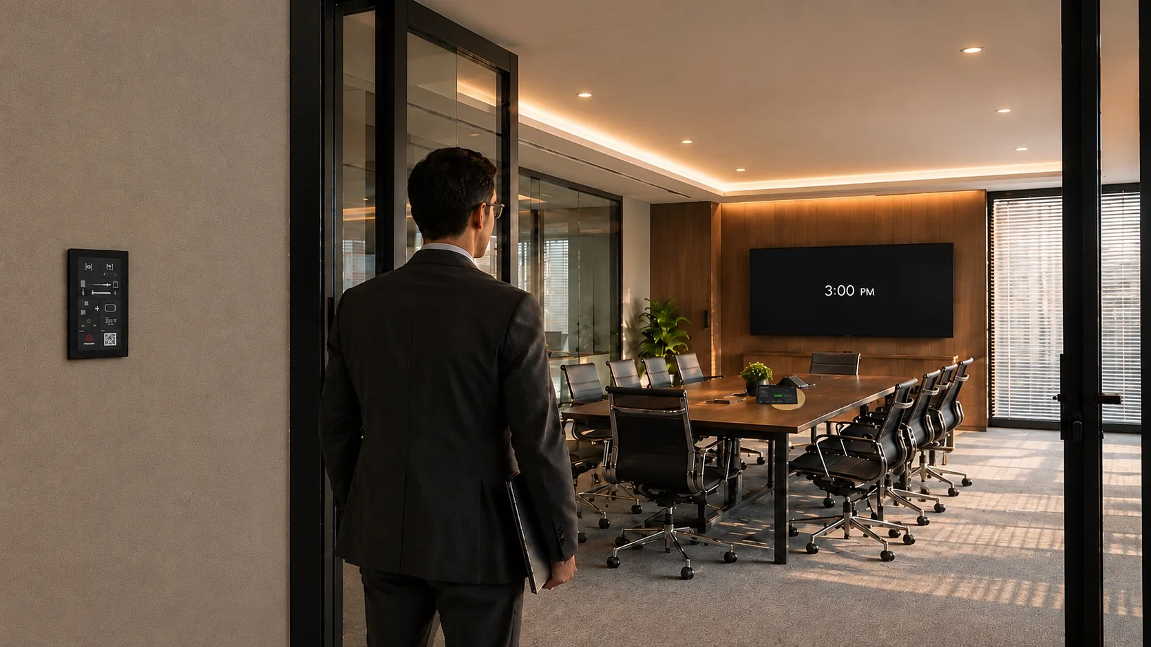 A man approaches a glass-walled meeting room with a wall panel by the door