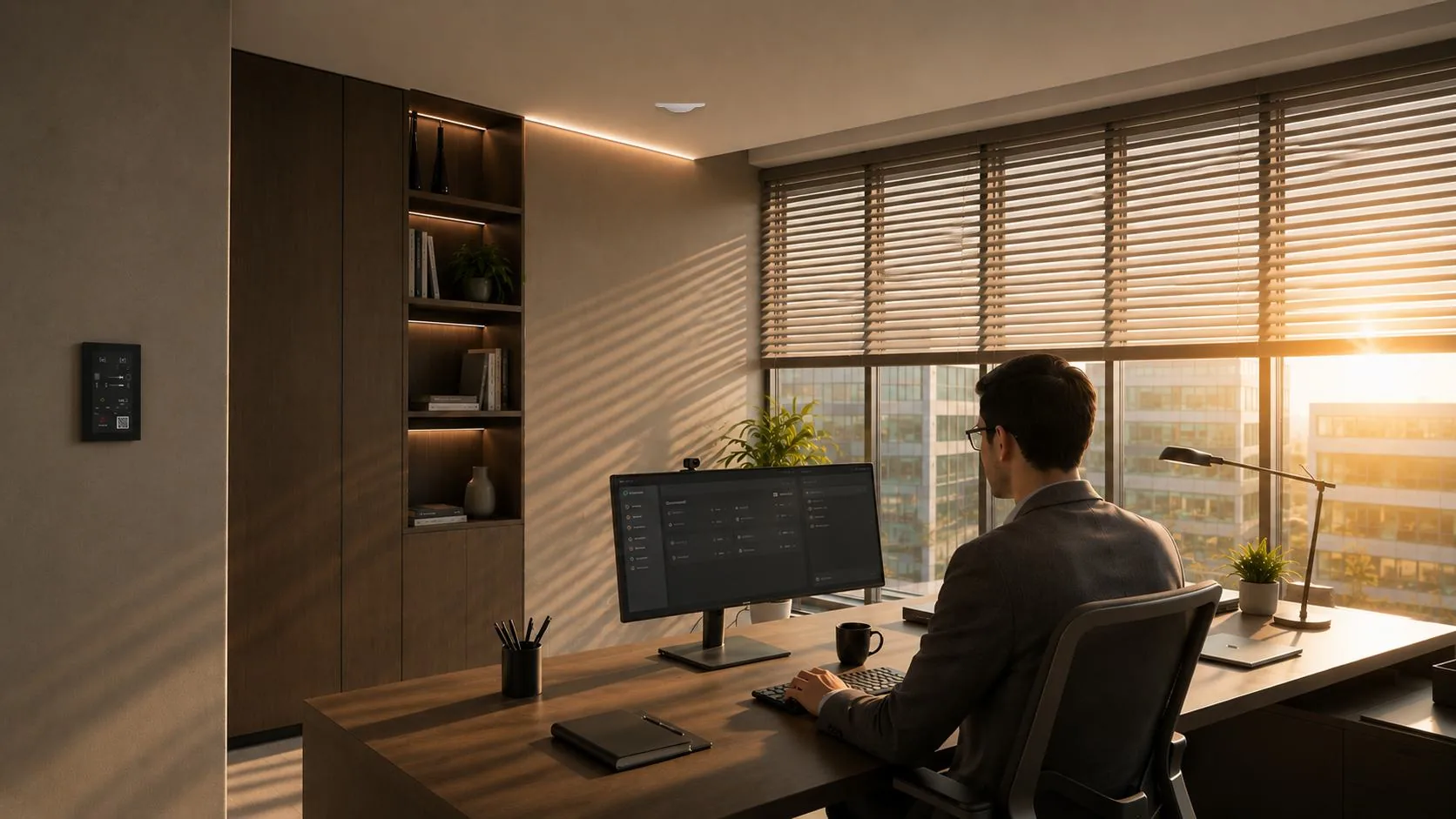 A man at his desk in warm, balanced daylight