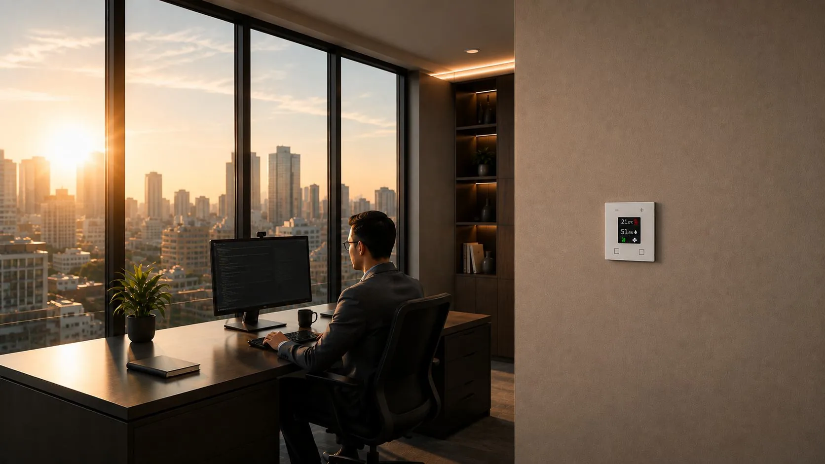 Sunset over the skyline with the temperature controller on the office wall