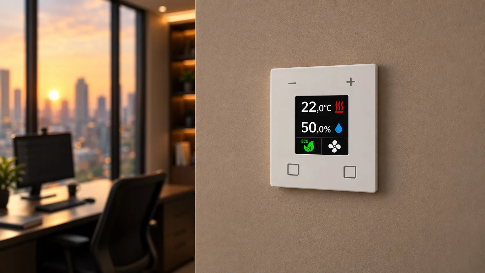 Close-up of the room temperature controller reading 22.0°C and 50.0% humidity