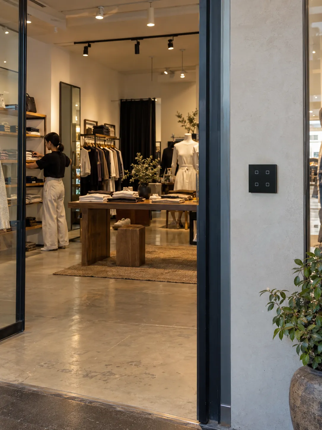Boutique retail shopfront with a wall-mounted KNX keypad beside the entrance, a shop assistant folding clothes inside