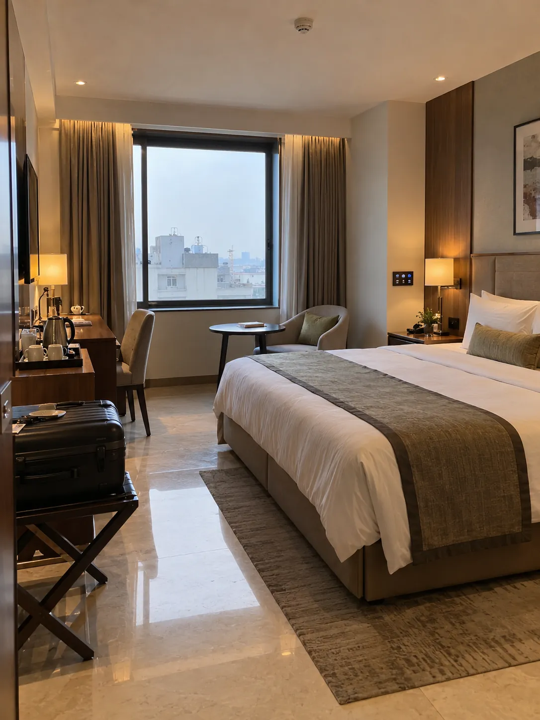 Hotel room with a bedside room controller panel on the wall, a made bed and a tea tray on the desk