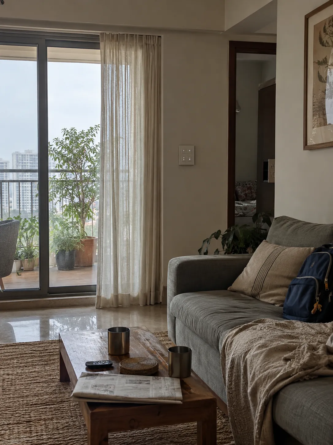 Apartment living room with a wall-mounted KNX keypad beside the balcony door, a grey sofa and a wooden coffee table