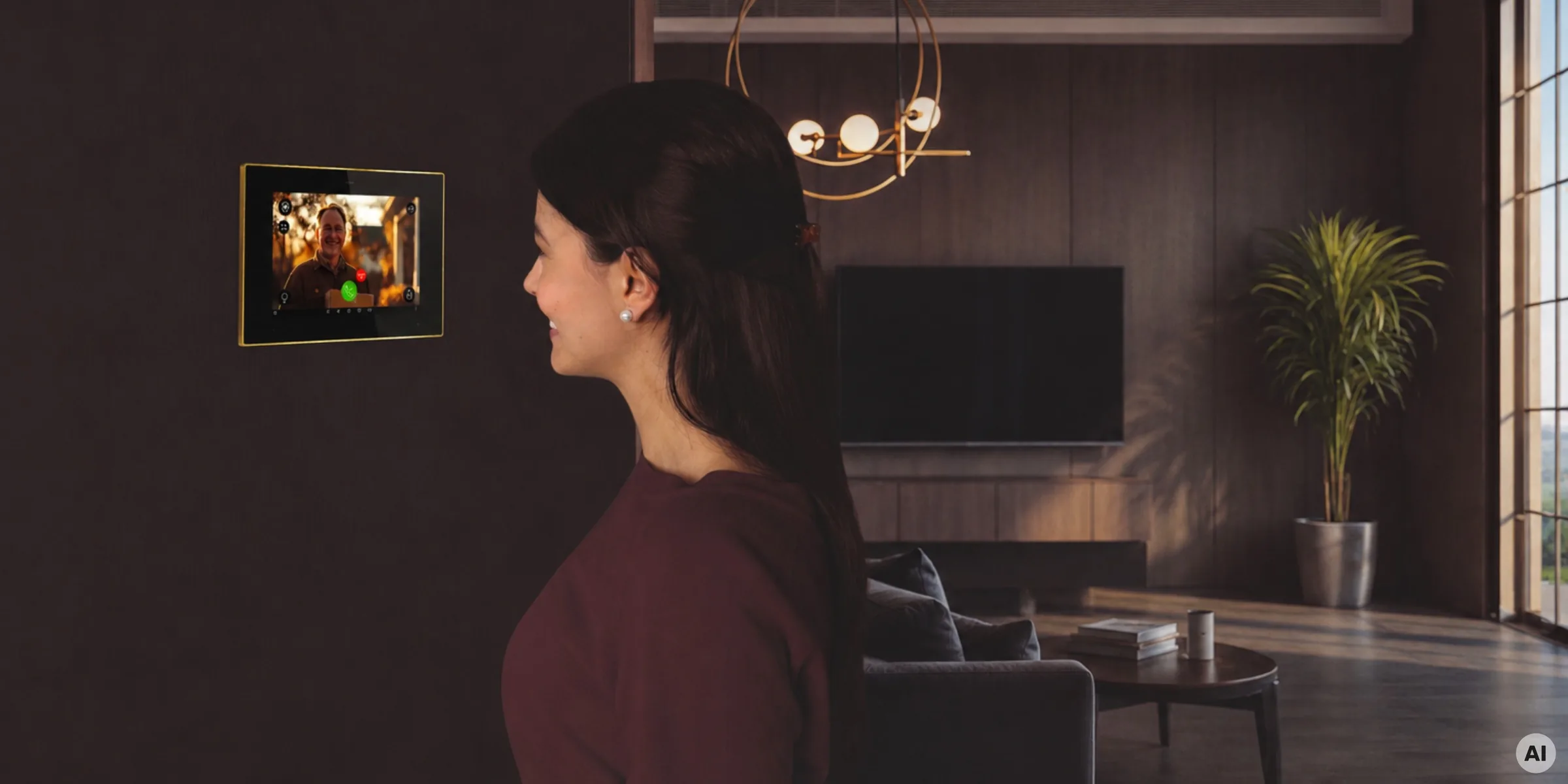 A gold-framed Tense Eternity 8 display showing a door-camera call, a woman facing it