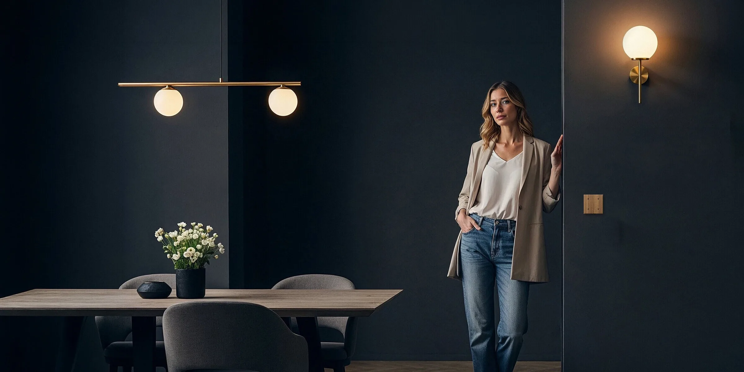 A wood Tense Intensity push-button on the wall of a dark navy dining room, a woman standing beside it