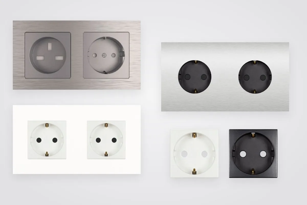 Three double frames, a 12 mm square in brushed metal, a 6 mm square in white and a 6 mm round in steel, with two socket inserts