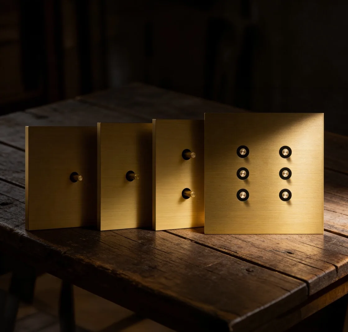 Four gold Tense Velocity plates on a rustic wooden table