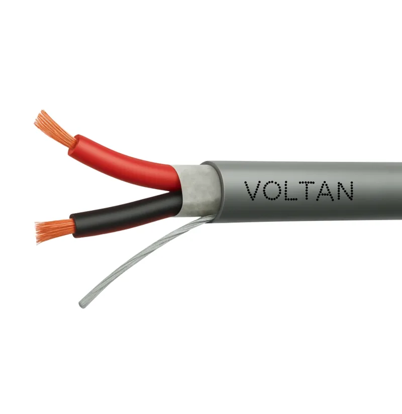 Grey shielded two-core cable with red and black conductors, printed VOLTAN